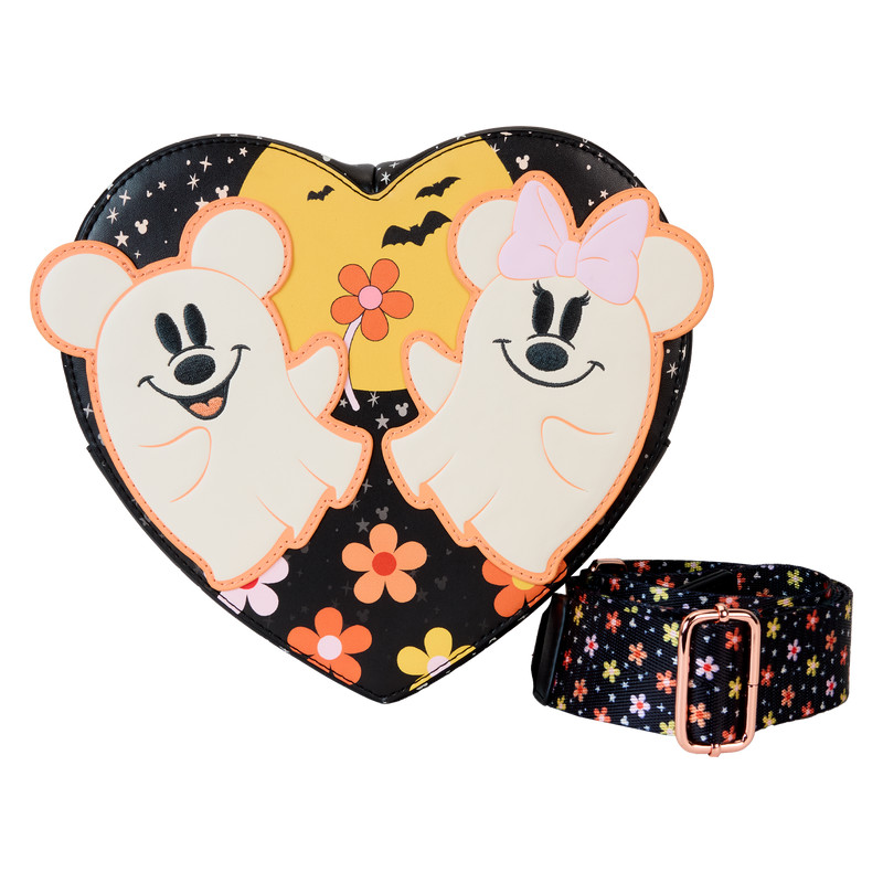 Bolso Bandolera con forma de corazón y diseño de fantasmas y flores de Mickey y Minnie - DISNEY LOUNGEFLY