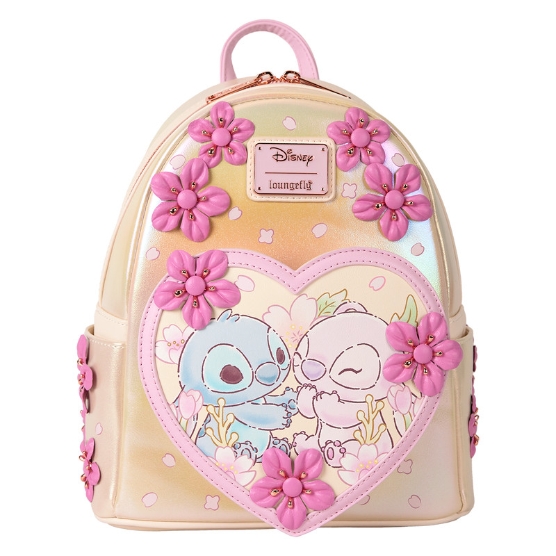 Mini Mochila con corazón de flor de cerezo de Stitch y Ángel - DISNEY LOUNGEFLY